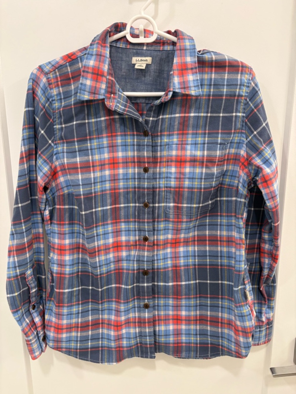 LL Bean Blue Red Scotch Plaid Flannel Button Down Shirt Size Small
